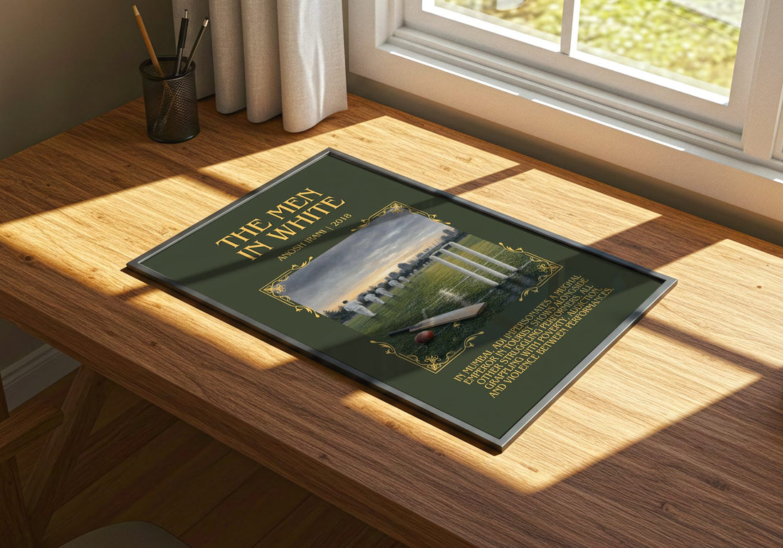 The Men In White Minimalist Book Poster by Anosh Irani – print on a sunlit desk