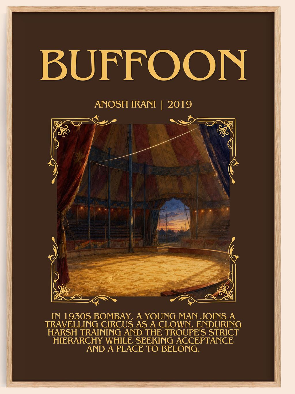 Buffoon Minimalist Book Poster by Anosh Irani – book poster