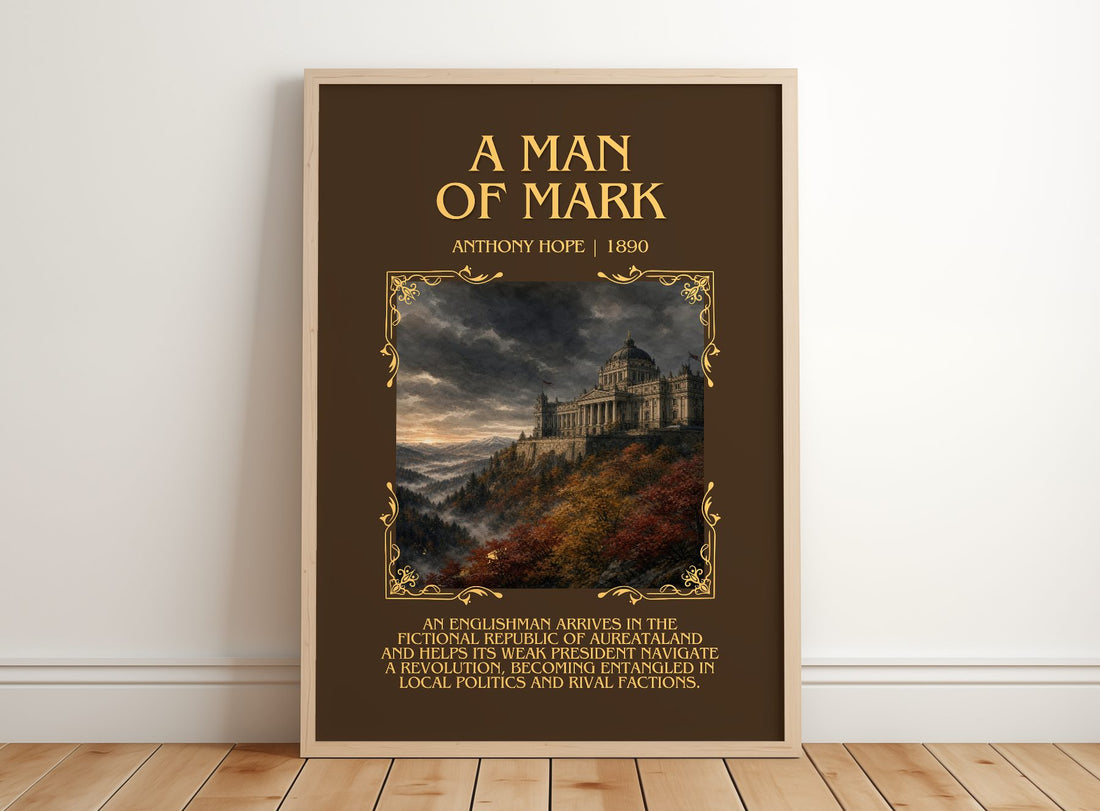 A Man Of Mark Minimalist Book Poster by Anthony Hope – framed print leaning on a wooden floor