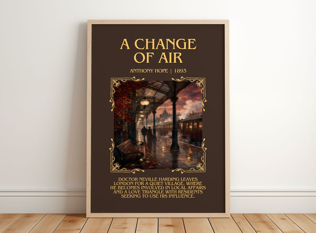 A Change Of Air Minimalist Book Poster by Anthony Hope – framed print leaning on a wooden floor