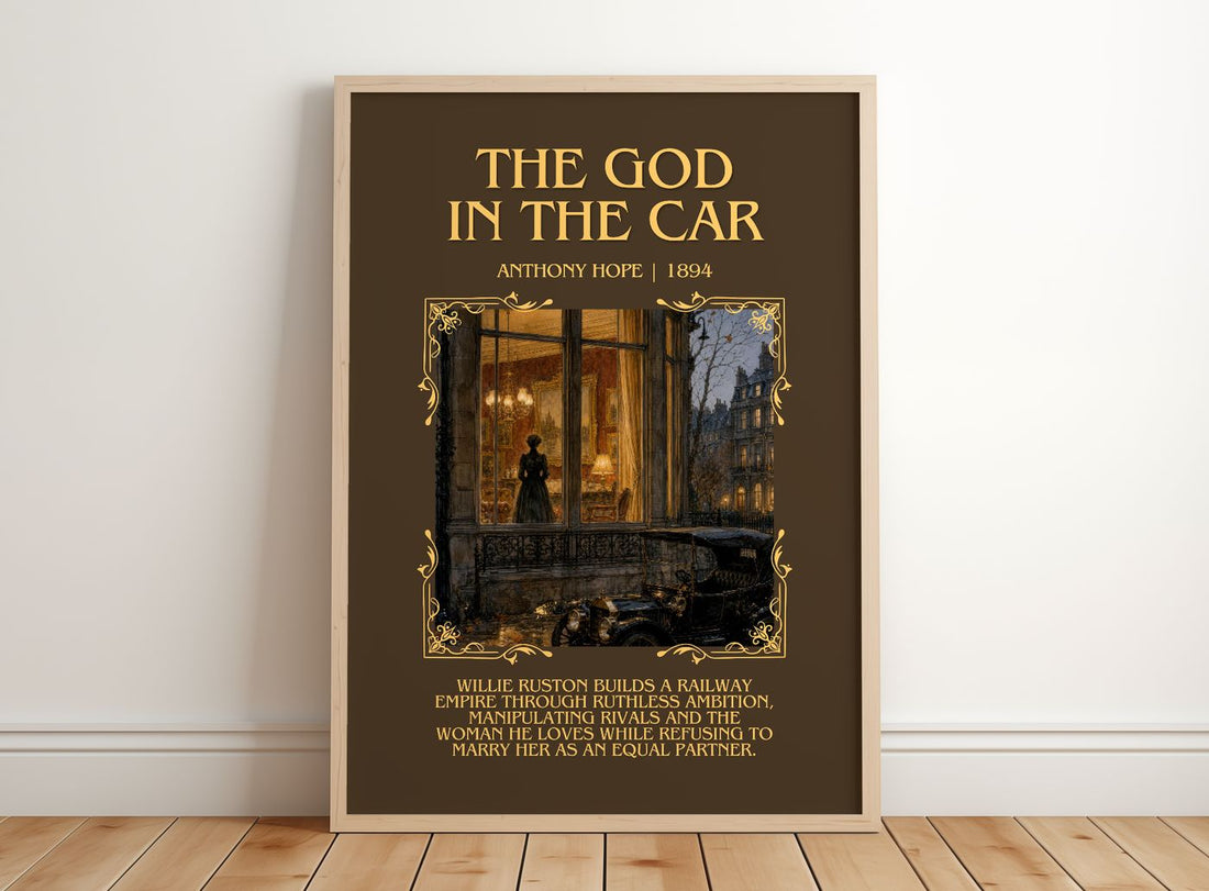 The God In The Car Minimalist Book Poster by Anthony Hope – framed print leaning on a wooden floor