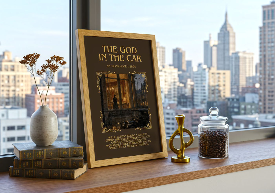The God In The Car Minimalist Book Poster by Anthony Hope – framed print on a city-view windowsill