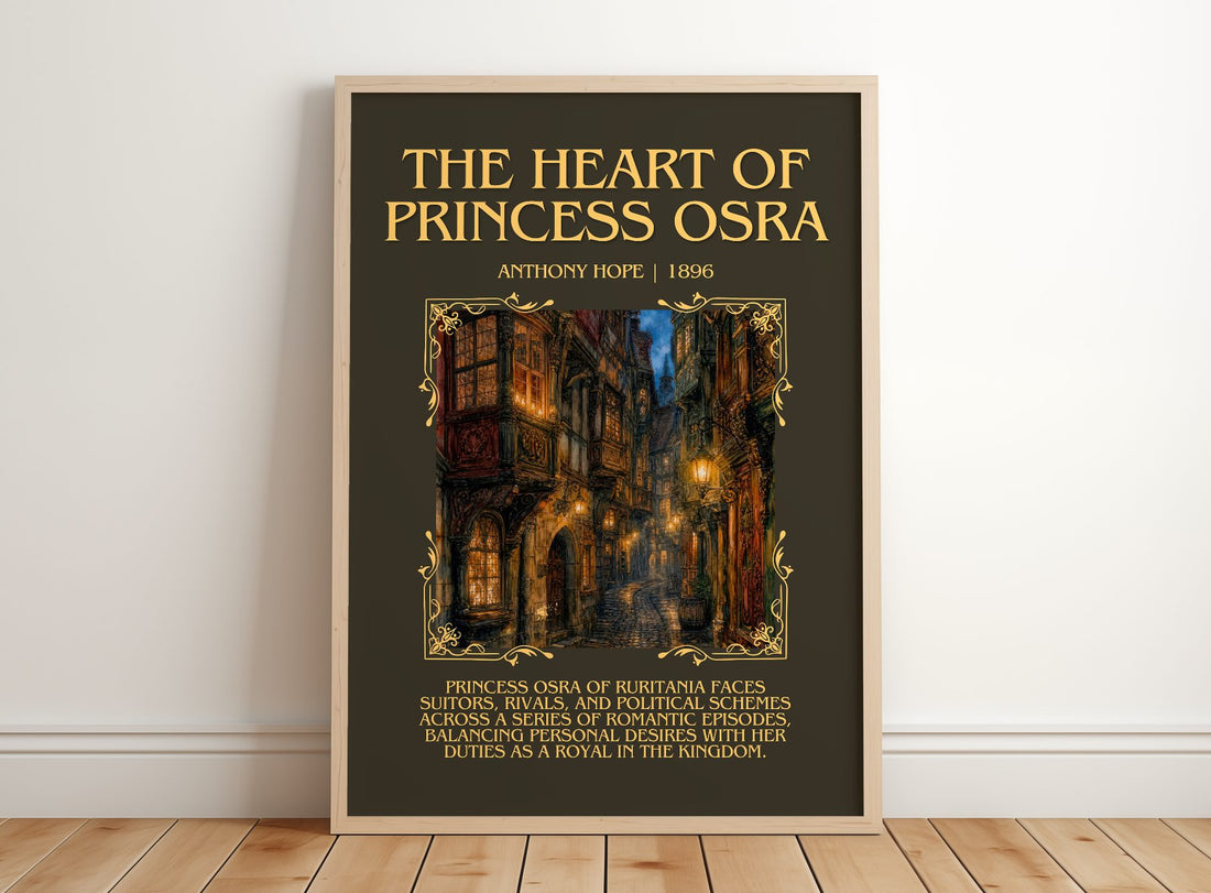 The Heart Of Princess Osra Minimalist Book Poster by Anthony Hope – framed print leaning on a wooden floor