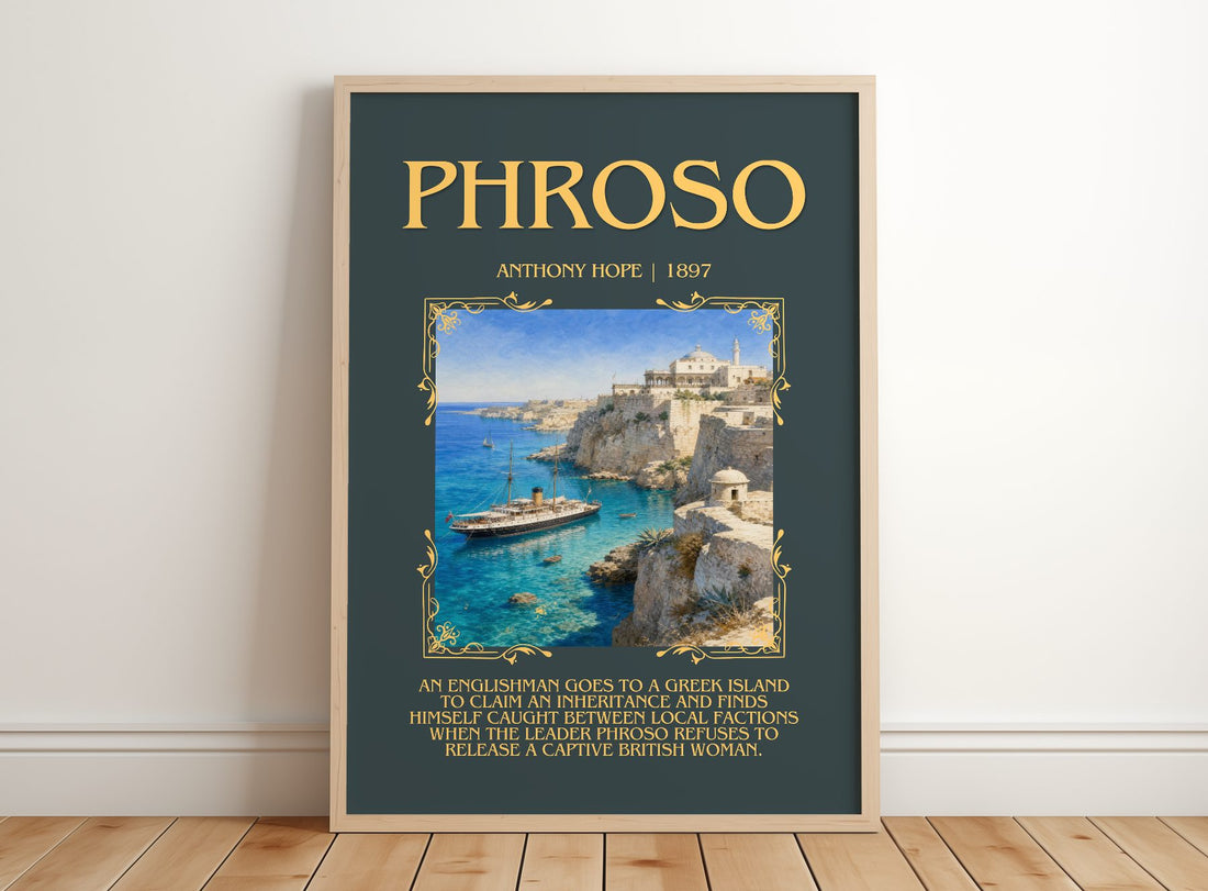 Phroso Minimalist Book Poster by Anthony Hope – framed print leaning on a wooden floor