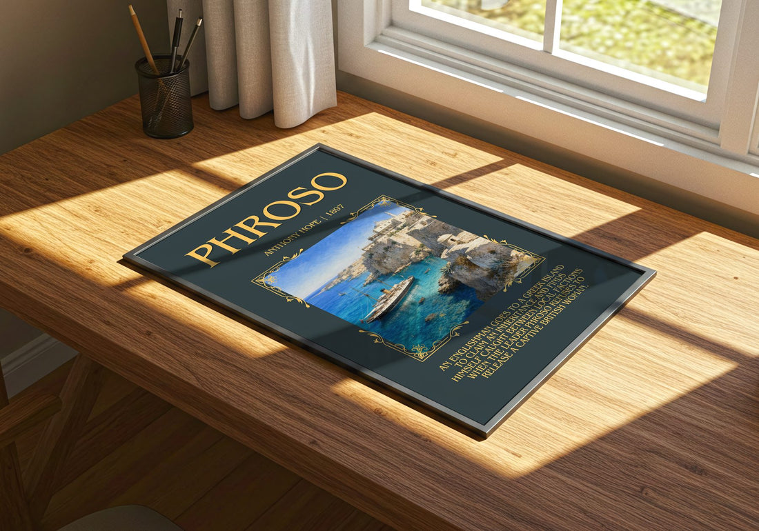 Phroso Minimalist Book Poster by Anthony Hope – print on a sunlit desk