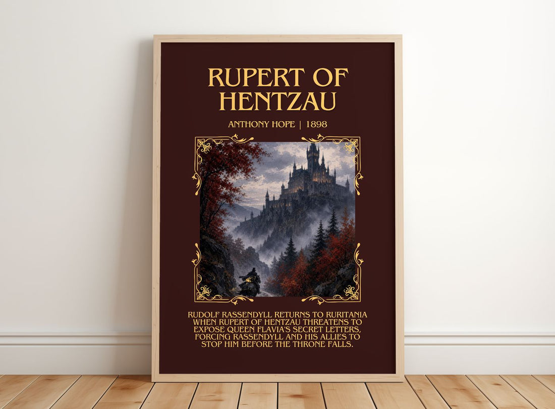 Rupert Of Hentzau Minimalist Book Poster by Anthony Hope – framed print leaning on a wooden floor