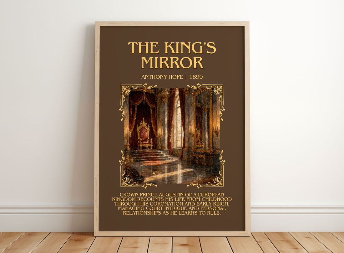 The King'S Mirror Minimalist Book Poster by Anthony Hope – framed print leaning on a wooden floor