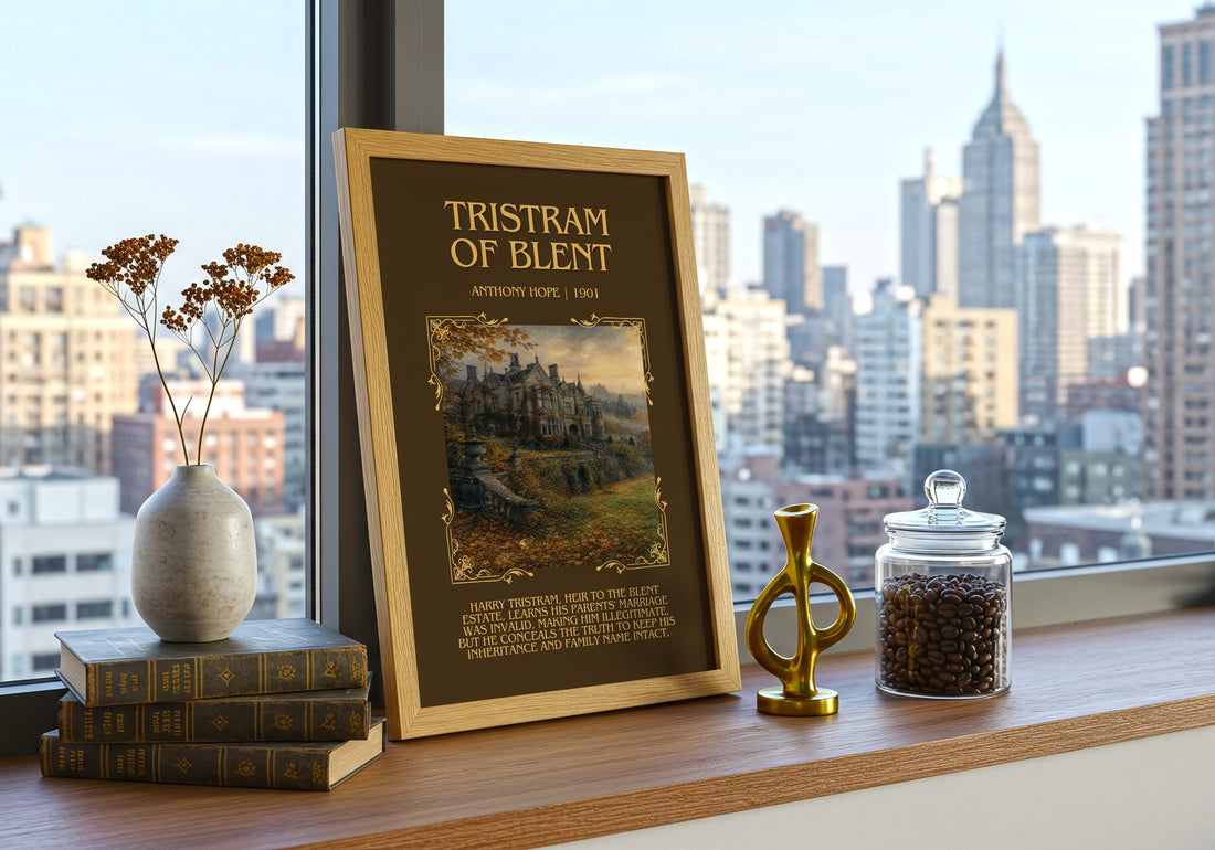 Tristram Of Blent Minimalist Book Poster by Anthony Hope – framed print on a city-view windowsill