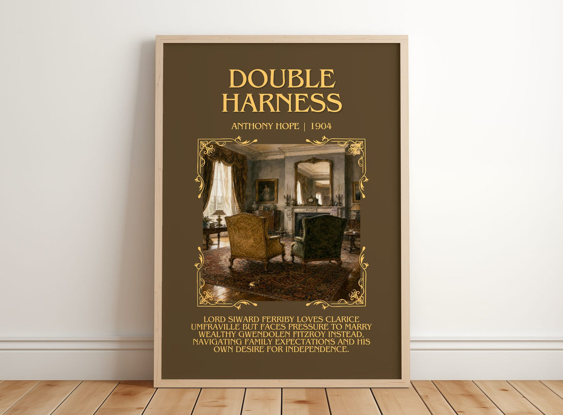 Double Harness Minimalist Book Poster by Anthony Hope – framed print leaning on a wooden floor