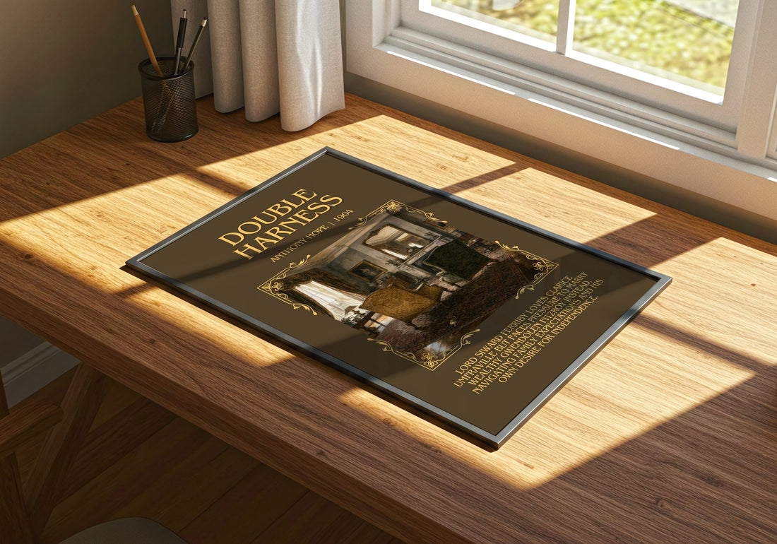 Double Harness Minimalist Book Poster by Anthony Hope – print on a sunlit desk