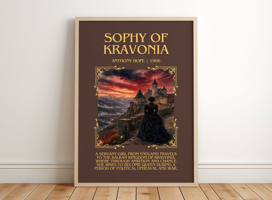 Sophy Of Kravonia Minimalist Book Poster by Anthony Hope – framed print leaning on a wooden floor