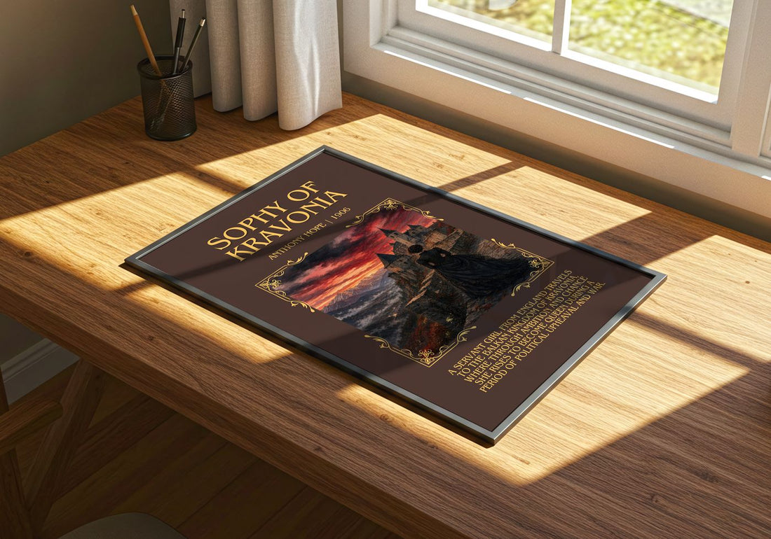 Sophy Of Kravonia Minimalist Book Poster by Anthony Hope – print on a sunlit desk