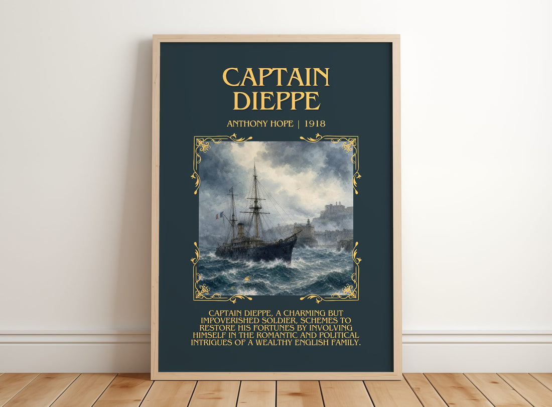 Captain Dieppe Minimalist Book Poster by Anthony Hope – framed print leaning on a wooden floor