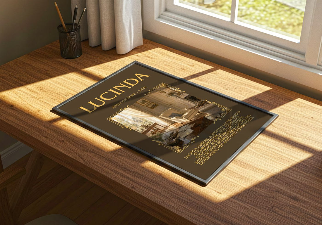 Lucinda Minimalist Book Poster by Anthony Hope – print on a sunlit desk