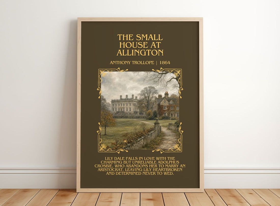 Small House At Allington Minimalist Book Poster by Anthony Trollope – framed print leaning on a wooden floor