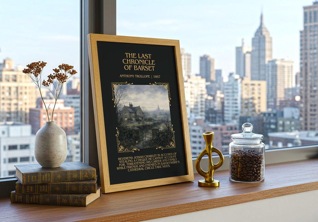 Last Chronicle Of Barset Minimalist Book Poster by Anthony Trollope – framed print on a city-view windowsill