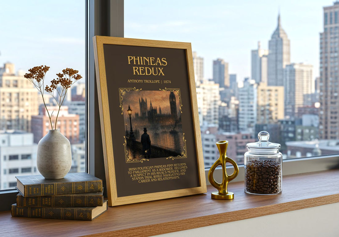 Phineas Redux Minimalist Book Poster by Anthony Trollope – framed print on a city-view windowsill