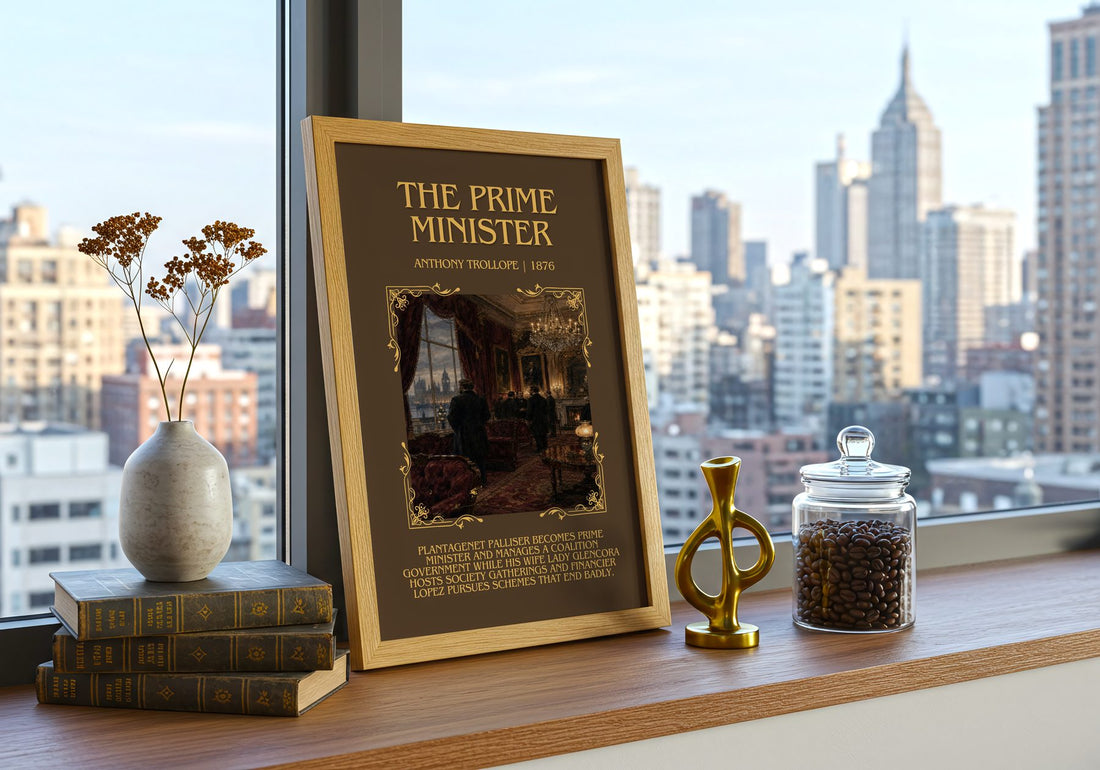 The Prime Minister Minimalist Book Poster by Anthony Trollope – framed print on a city-view windowsill