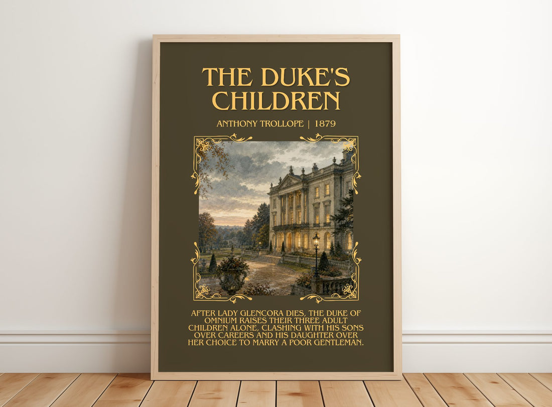 The Duke'S Children Minimalist Book Poster by Anthony Trollope – framed print leaning on a wooden floor