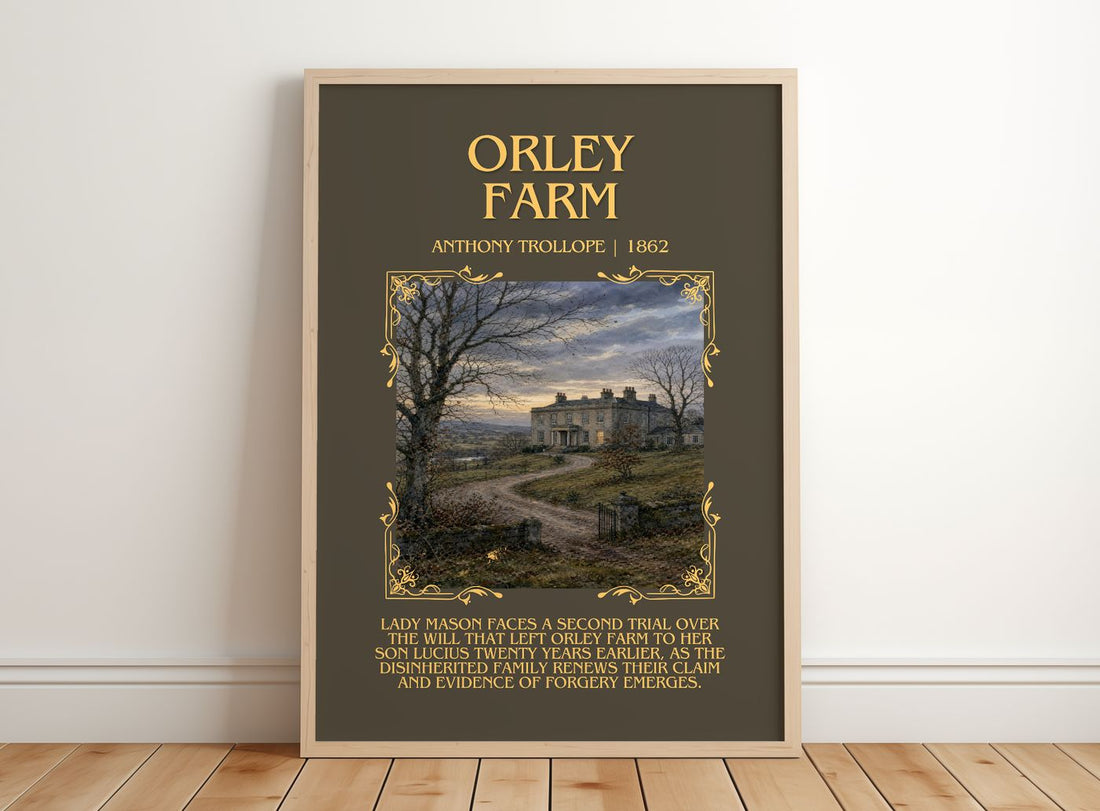 Orley Farm Minimalist Book Poster by Anthony Trollope – framed print leaning on a wooden floor