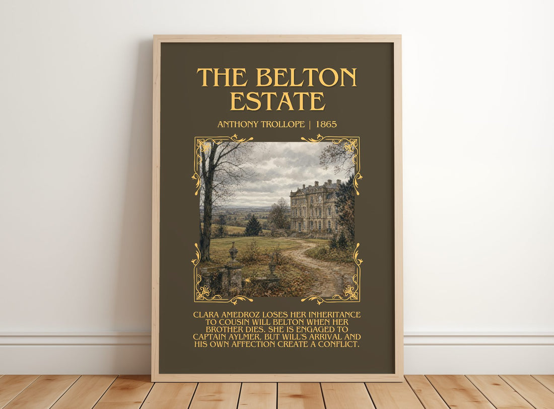 The Belton Estate Minimalist Book Poster by Anthony Trollope – framed print leaning on a wooden floor