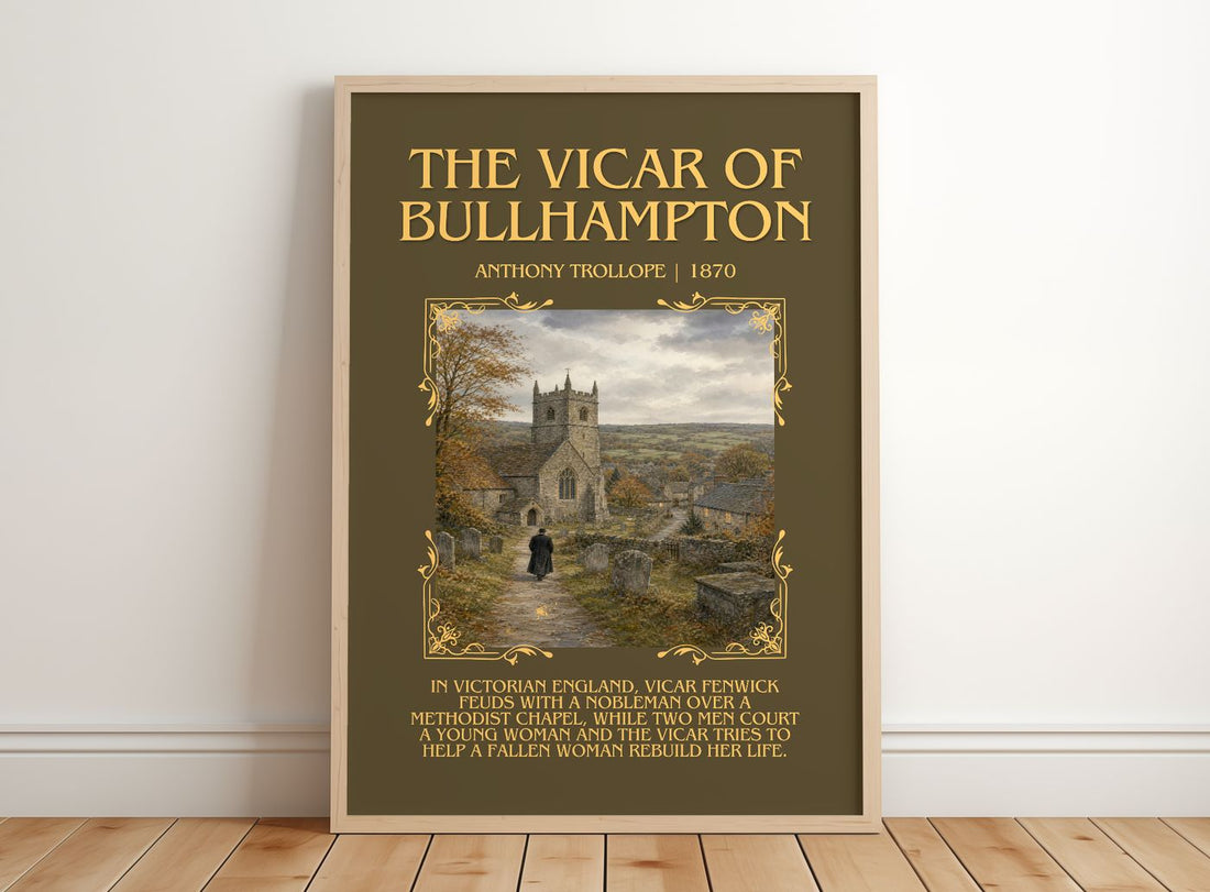 The Vicar Of Bullhampton Minimalist Book Poster by Anthony Trollope – framed print leaning on a wooden floor