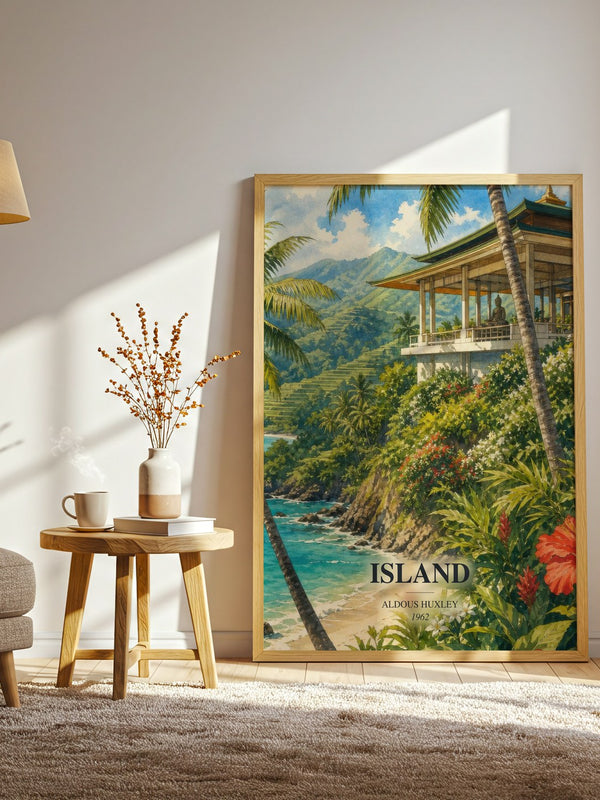 Island watercolour print in frame leaning in hallway – literary fiction wall art