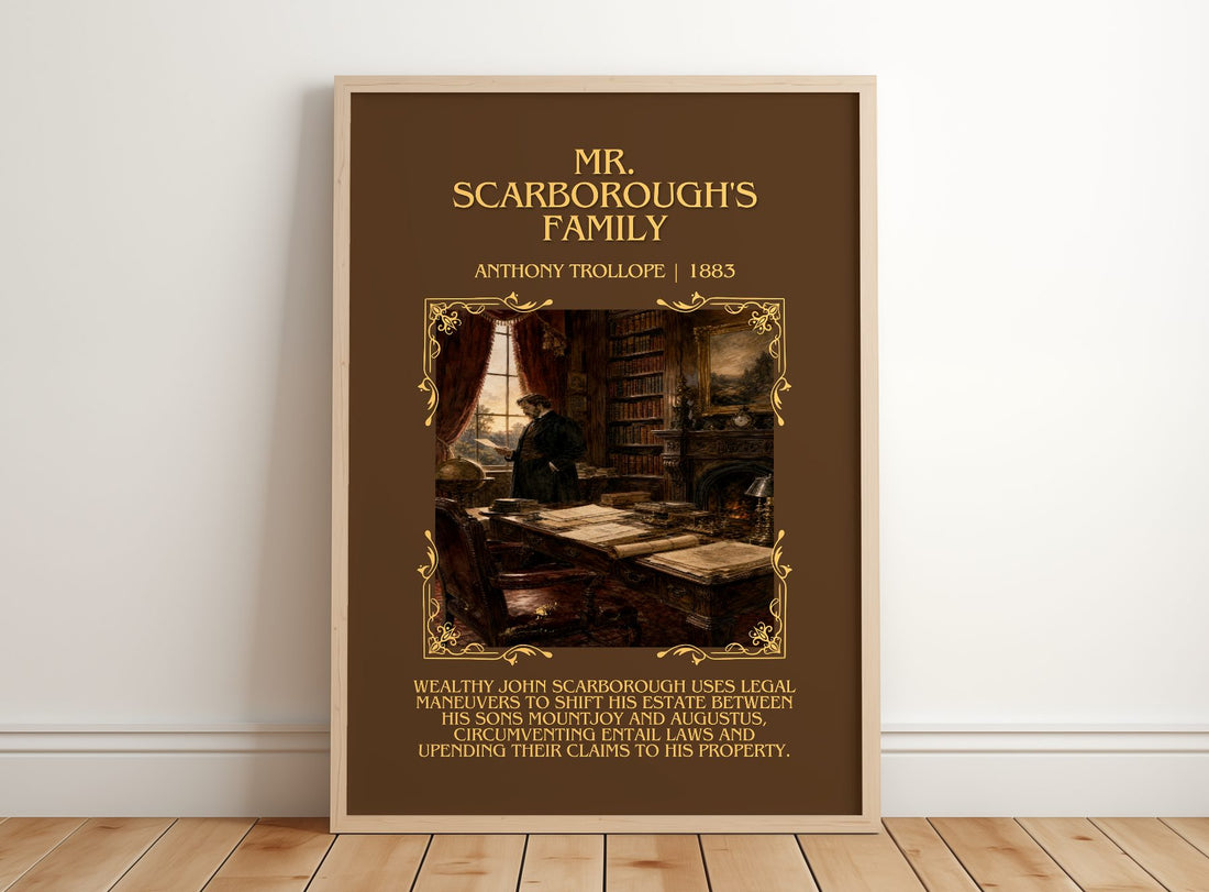 Mr. Scarborough'S Family Minimalist Book Poster by Anthony Trollope – framed print leaning on a wooden floor