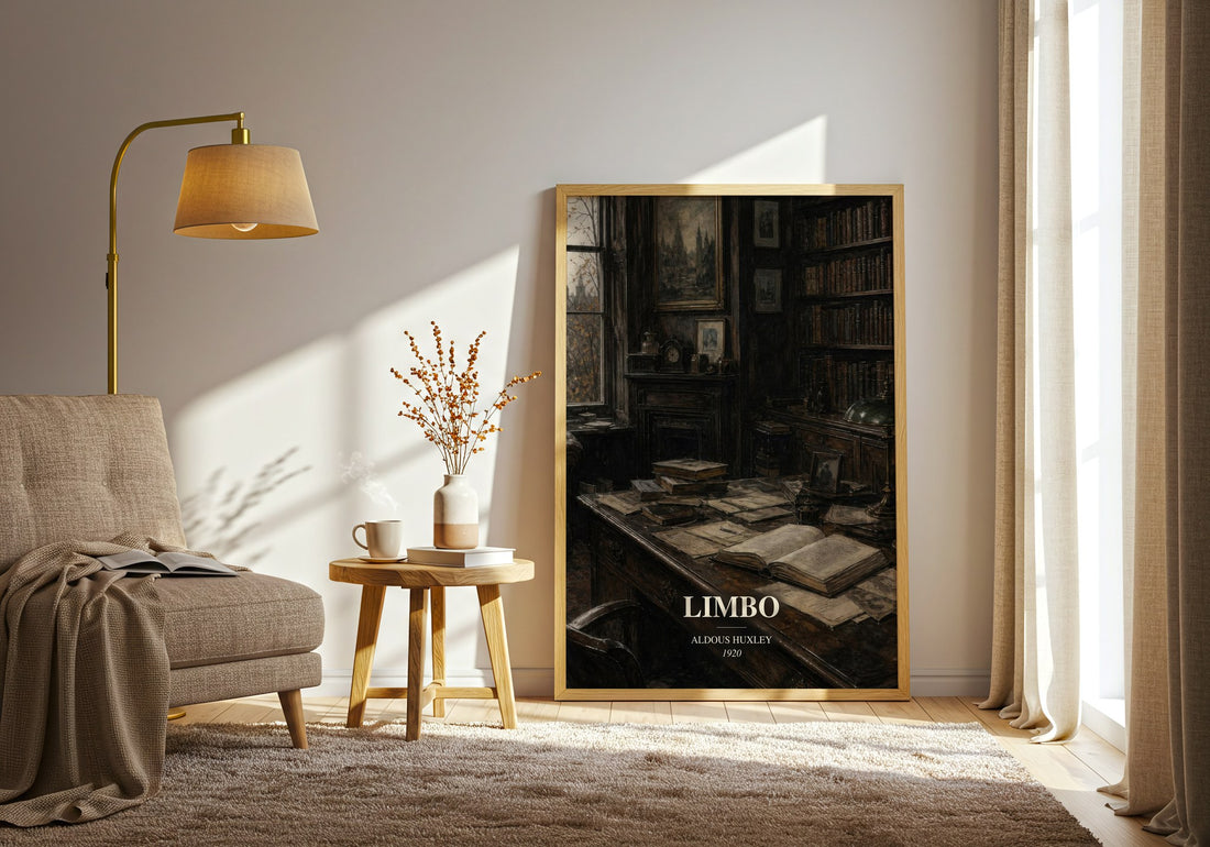 Limbo watercolour print in frame leaning in hallway – literary fiction wall art (mockup)