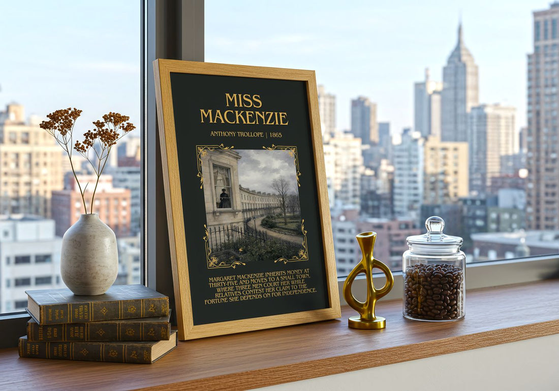 Miss Mackenzie Minimalist Book Poster by Anthony Trollope – framed print on a city-view windowsill