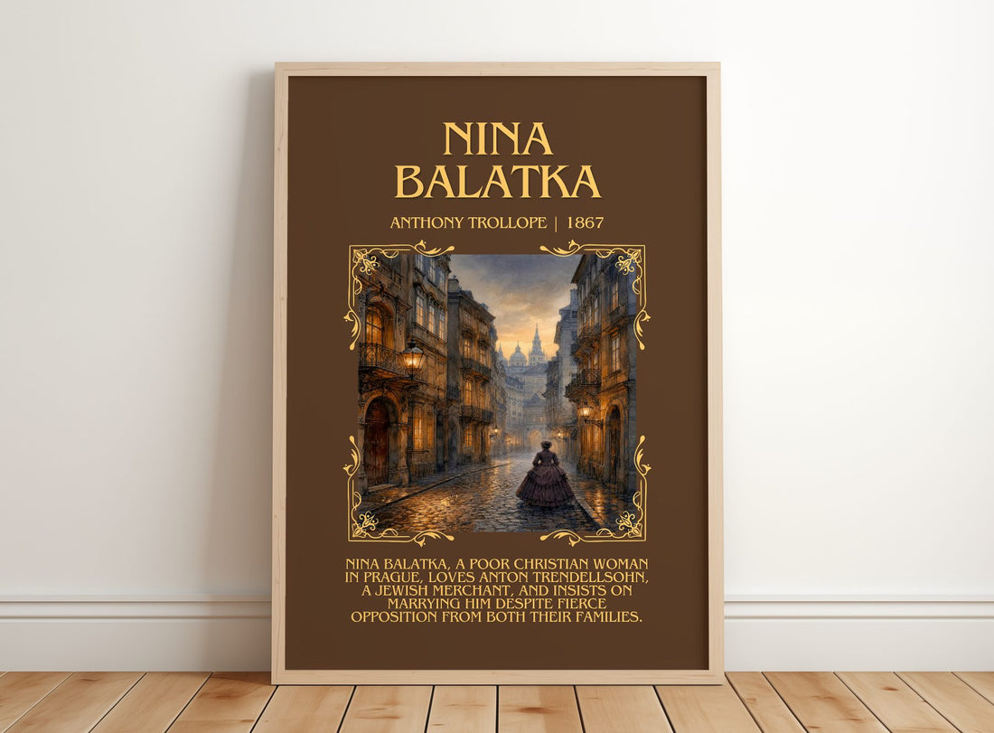 Nina Balatka Minimalist Book Poster by Anthony Trollope – framed print leaning on a wooden floor