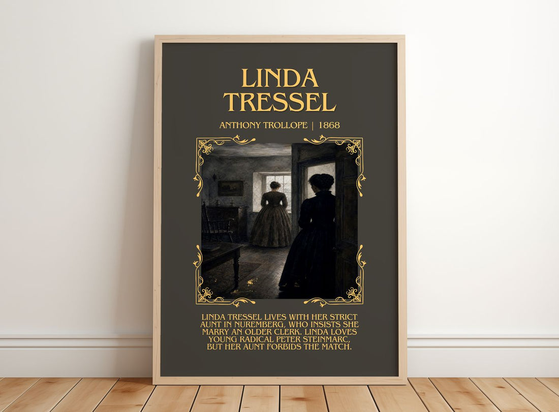 Linda Tressel Minimalist Book Poster by Anthony Trollope – framed print leaning on a wooden floor