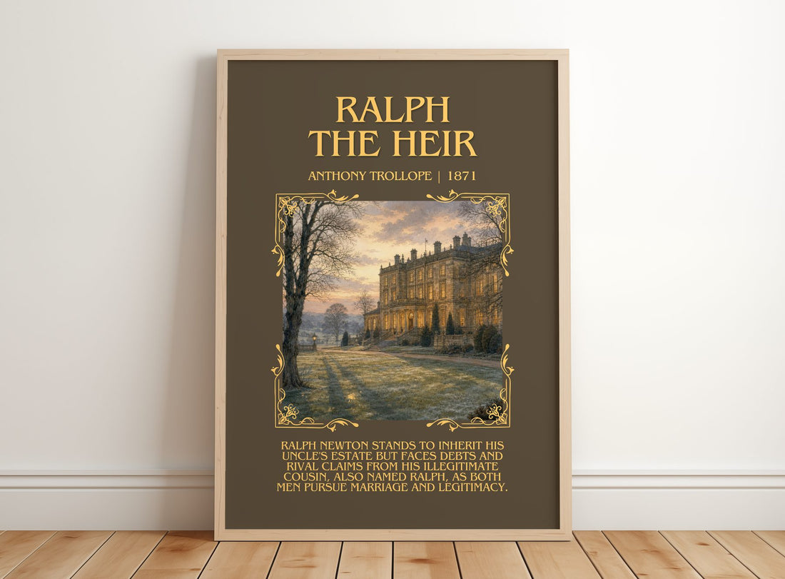 Ralph The Heir Minimalist Book Poster by Anthony Trollope – framed print leaning on a wooden floor