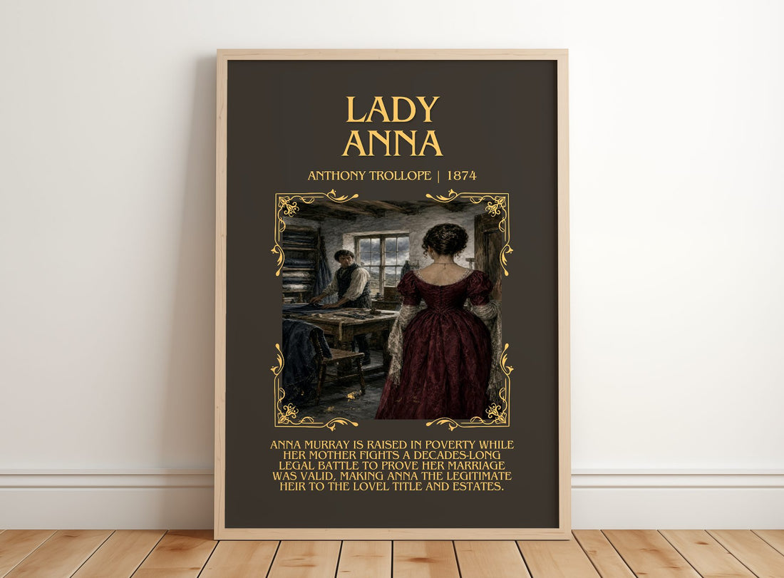 Lady Anna Minimalist Book Poster by Anthony Trollope – framed print leaning on a wooden floor