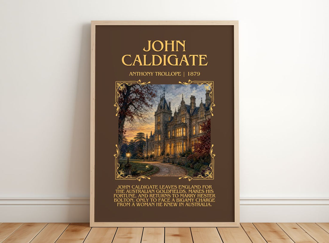 John Caldigate Minimalist Book Poster by Anthony Trollope – framed print leaning on a wooden floor