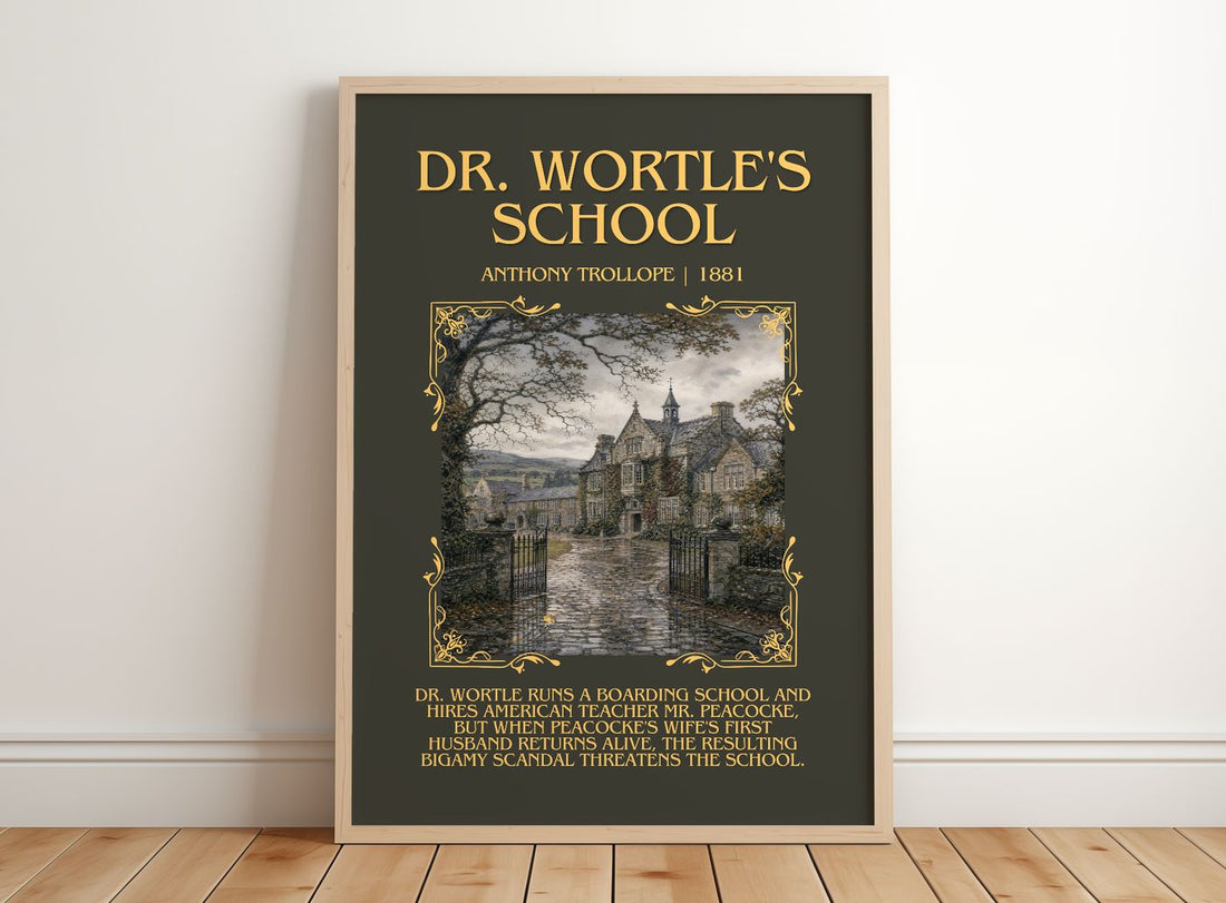 Dr. Wortle'S School Minimalist Book Poster by Anthony Trollope – framed print leaning on a wooden floor