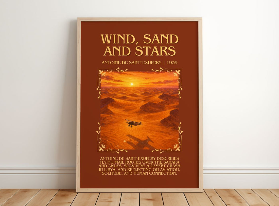 Wind, Sand And Stars Minimalist Book Poster by A. Saint-Exupery – framed print leaning on a wooden floor