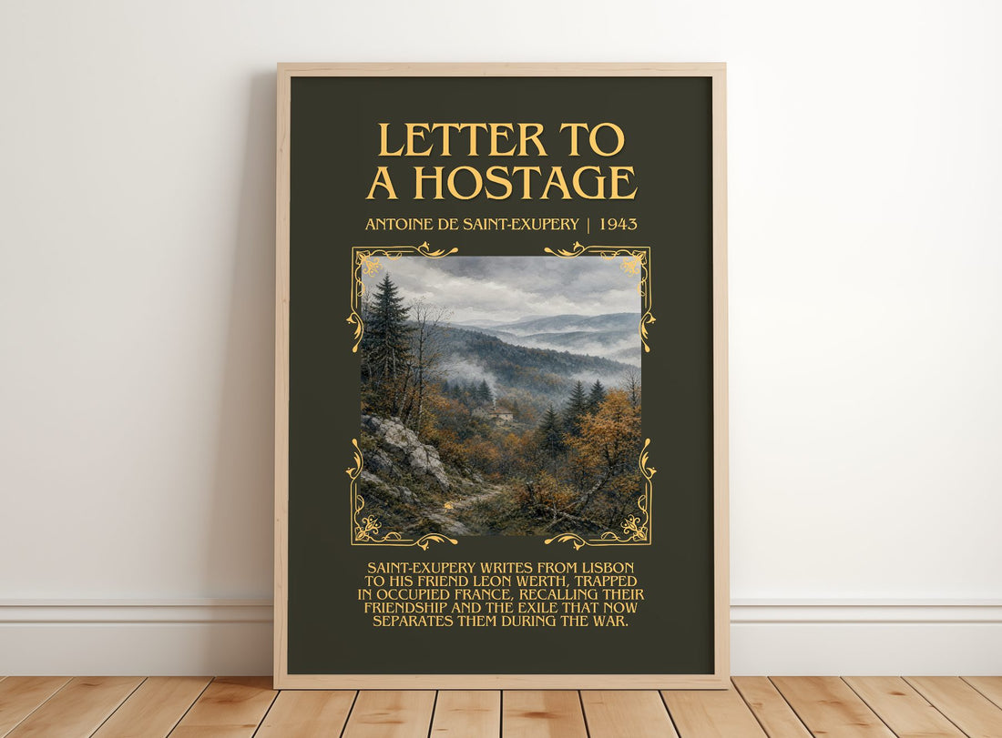Letter To A Hostage Minimalist Book Poster by Antoine De Saint-Exupery – framed print leaning on a wooden floor