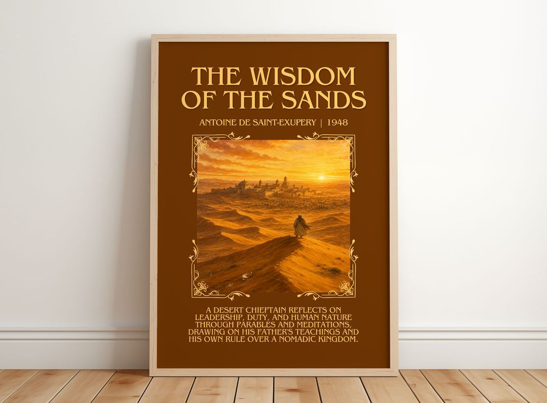 Wisdom Of The Sands Minimalist Book Poster by Antoine De Saint-Exupery – framed print leaning on a wooden floor