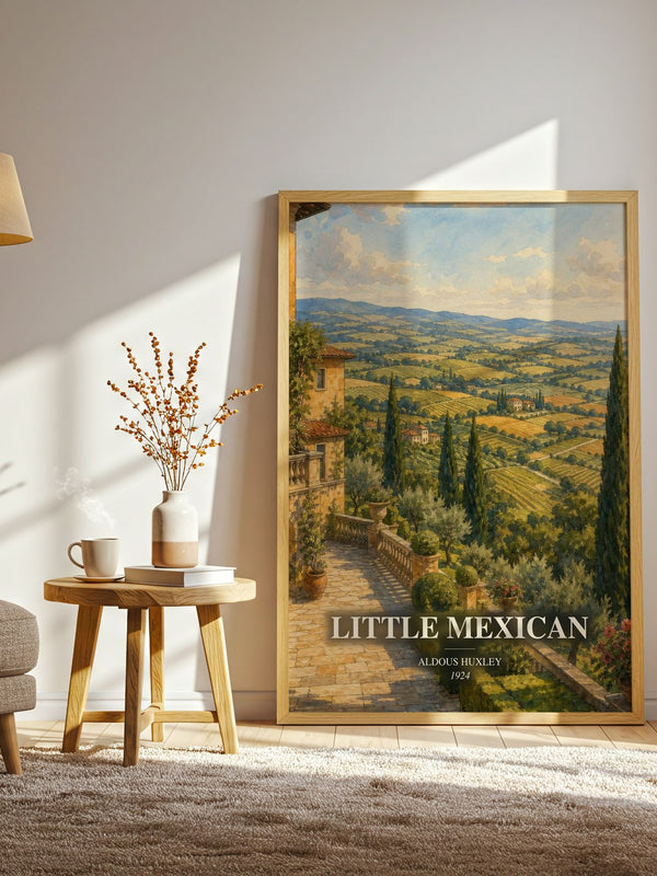 Little Mexican watercolour print in frame leaning in hallway – literary fiction wall art
