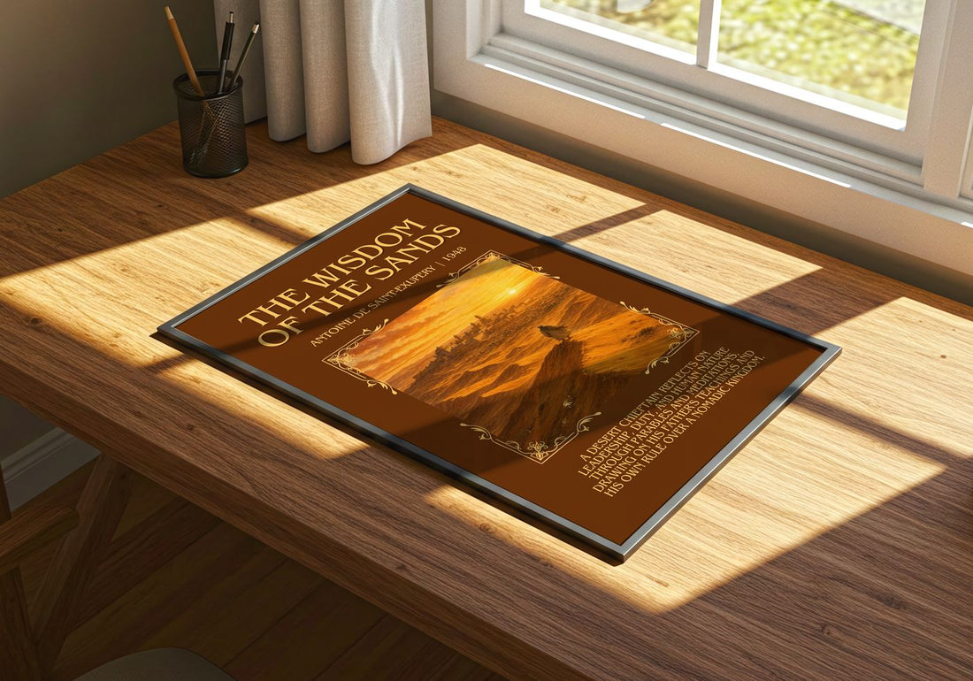 Wisdom Of The Sands Minimalist Book Poster by Antoine De Saint-Exupery – print on a sunlit desk