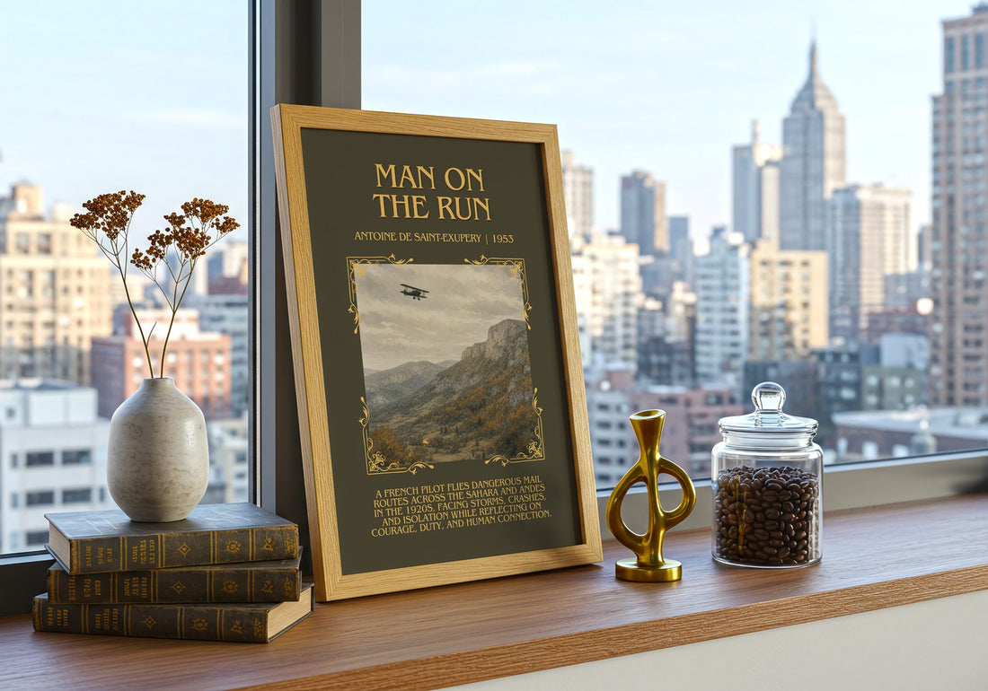 Man On The Run Minimalist Book Poster by Antoine De Saint-Exupery – framed print on a city-view windowsill
