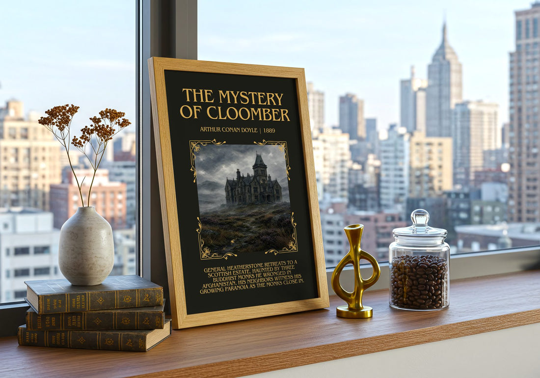The Mystery Of Cloomber Minimalist Book Poster by Arthur Conan Doyle – framed print on a city-view windowsill