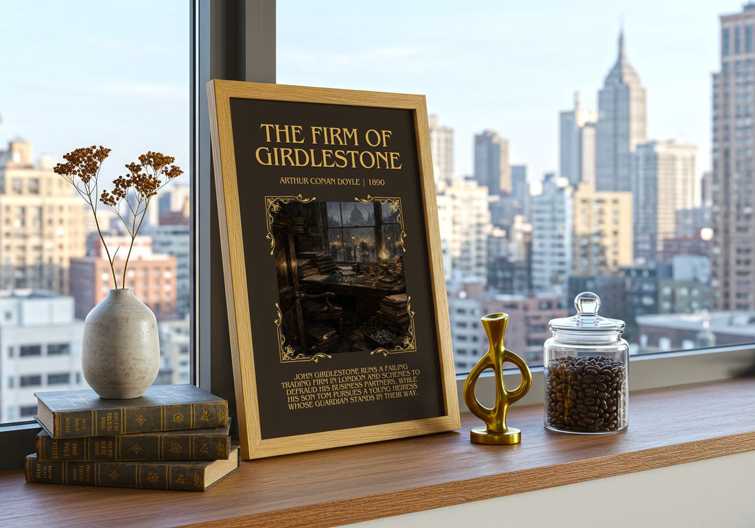 The Firm Of Girdlestone Minimalist Book Poster by Arthur Conan Doyle – framed print on a city-view windowsill