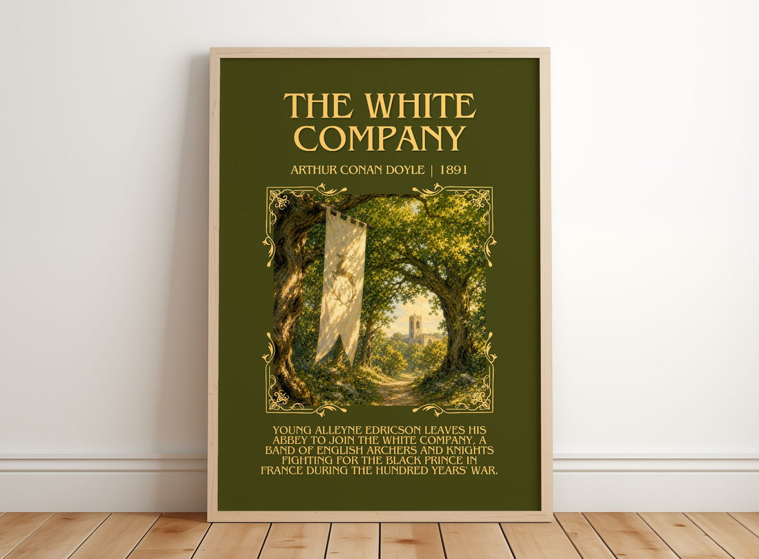 The White Company Minimalist Book Poster by Arthur Conan Doyle – framed print leaning on a wooden floor