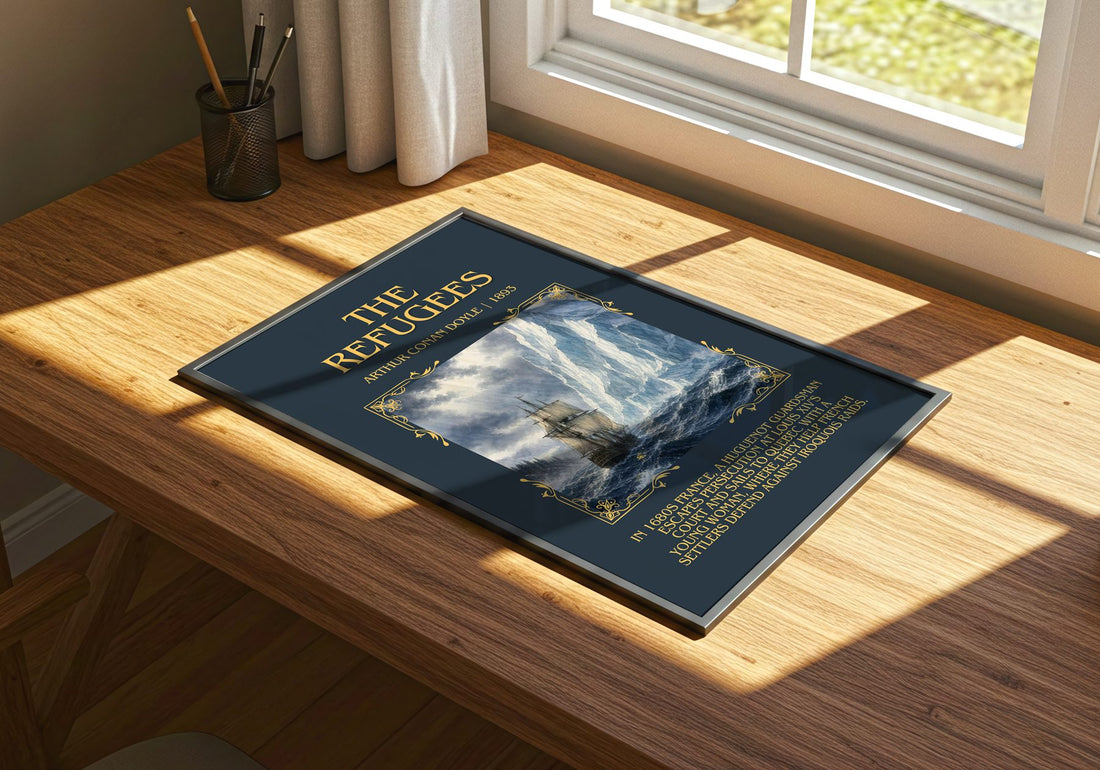The Refugees Minimalist Book Poster by Arthur Conan Doyle – print on a sunlit desk