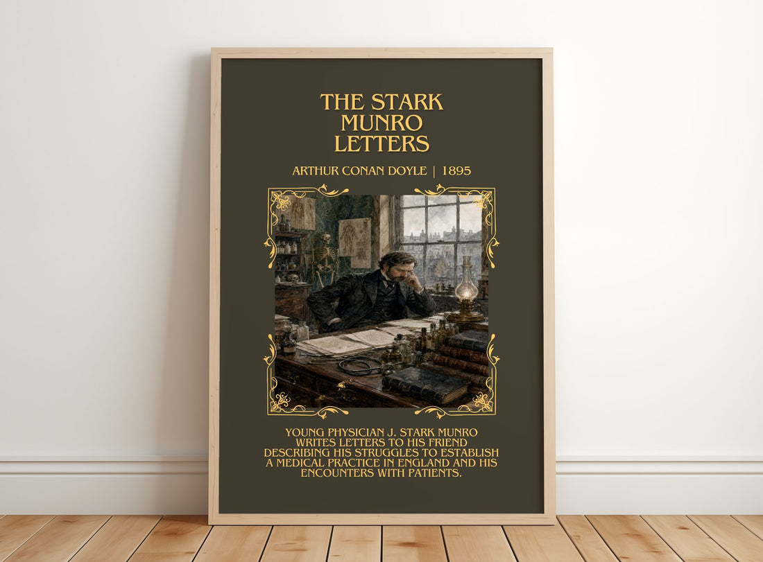 The Stark Munro Letters Minimalist Book Poster by Arthur Conan Doyle – framed print leaning on a wooden floor