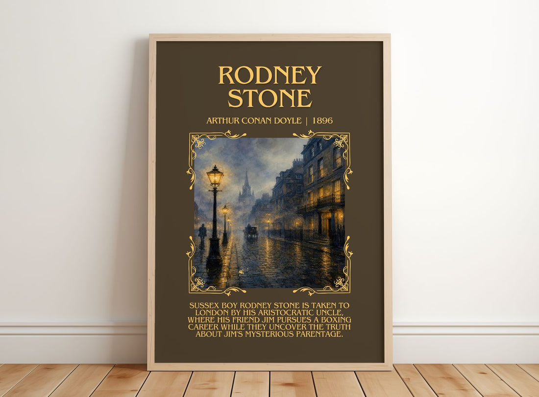 Rodney Stone Minimalist Book Poster by Arthur Conan Doyle – framed print leaning on a wooden floor