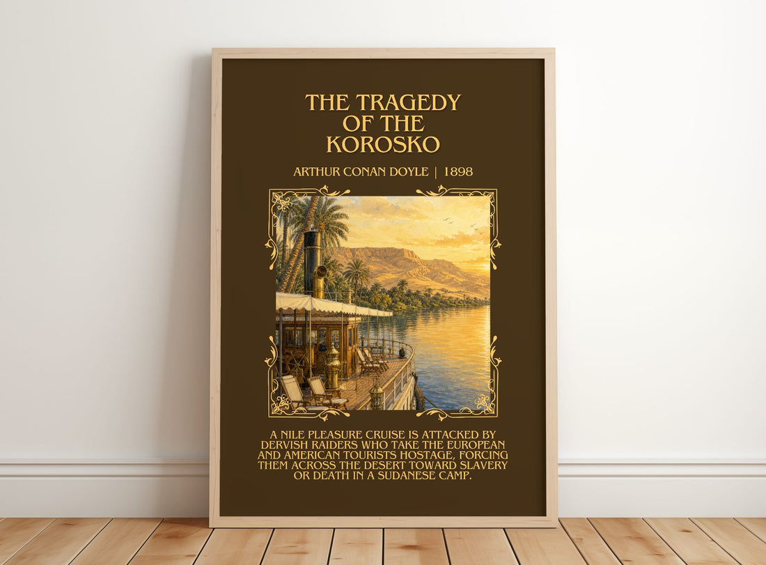 Tragedy Of The Korosko Minimalist Book Poster by Arthur Conan Doyle – framed print leaning on a wooden floor