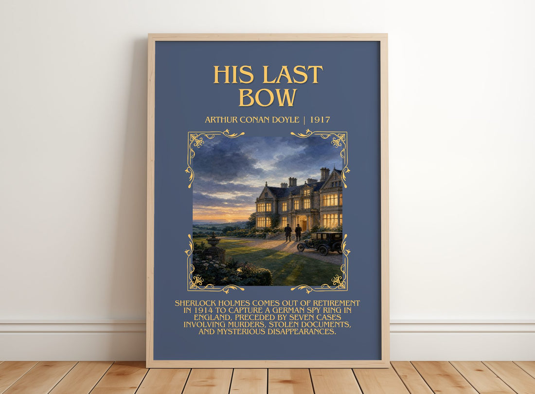 His Last Bow minimalist print in frame leaning in hallway – mystery wall art
